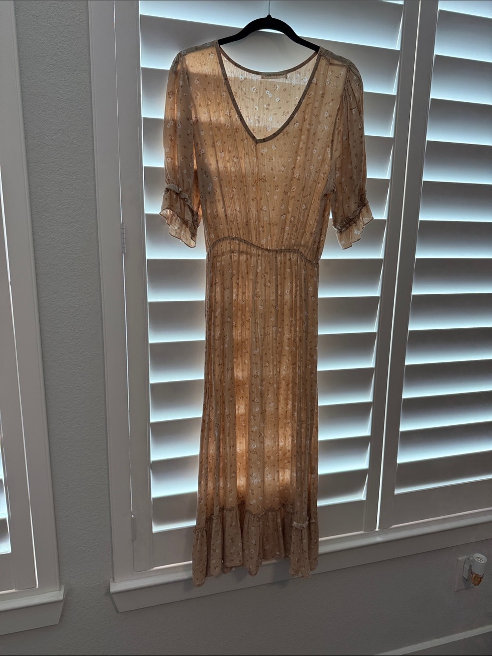 Beige Sheer Floral Maxi Dress with V-Neck